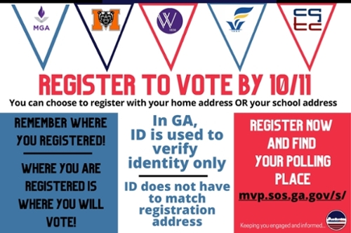 flyer announcing that university students can register to vote using their school or home address.